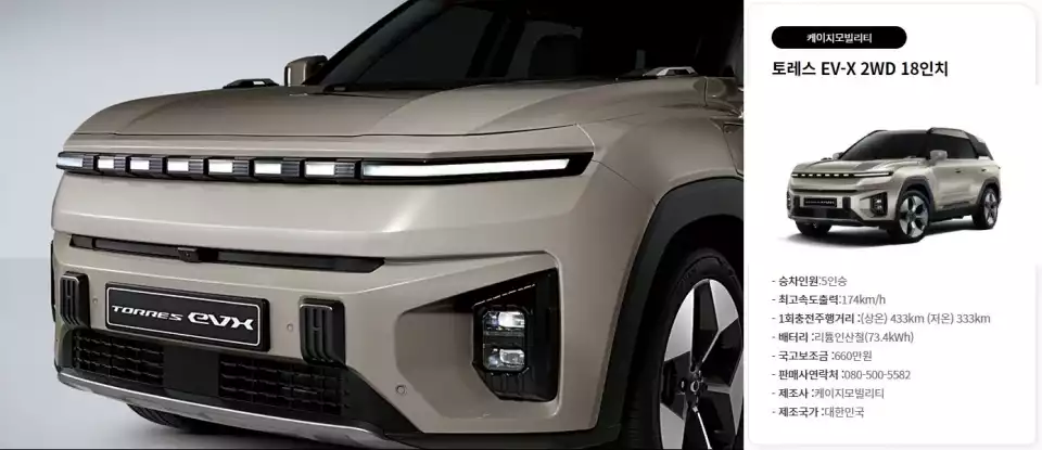 토레스 EVX의 전기차 국고 보조금은 이미 정해졌습니다(출처 : KG 모빌리티, 누리집).
