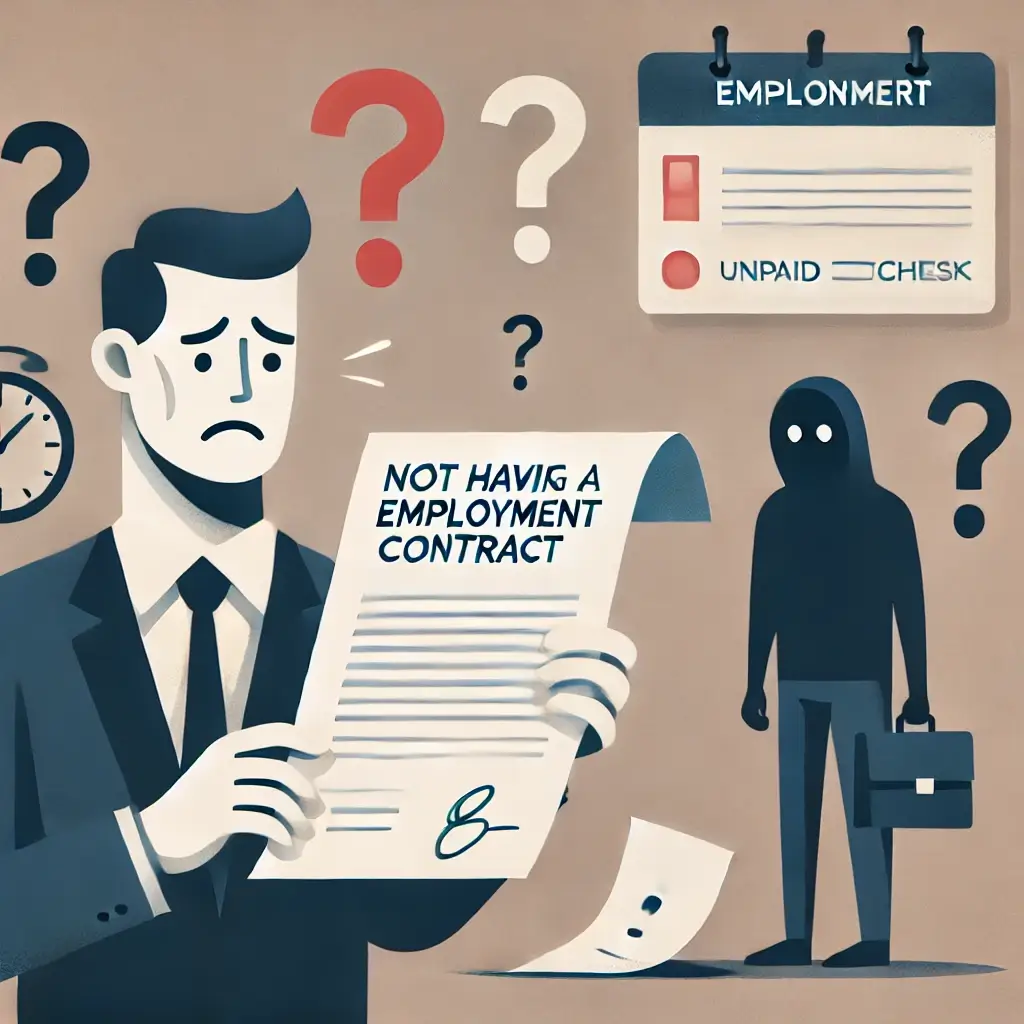 근로계약서를 작성하지 않고 근로만 제공하여 문제가 된 상황을 시각적으로 표현한 일러스트