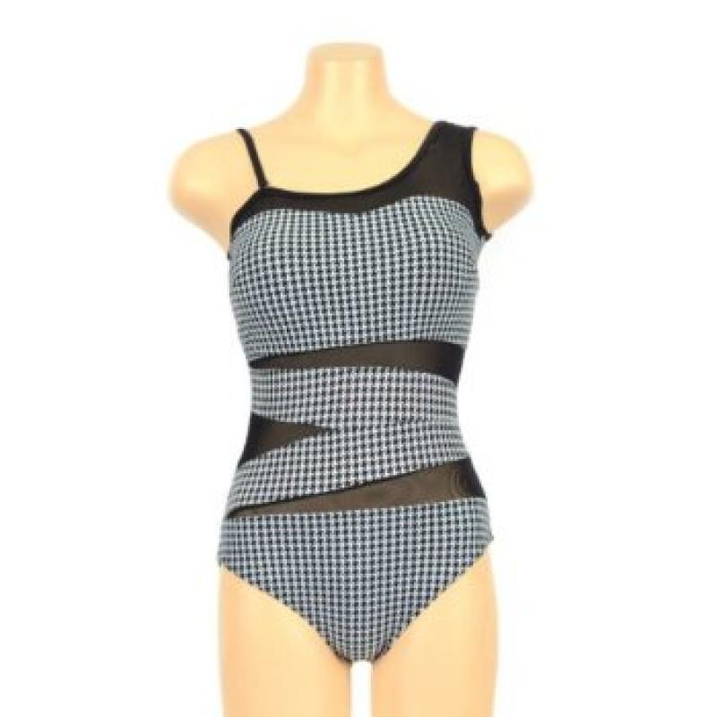 옷자락 여자 언발란스 체크 시스루 모노키니 수영복