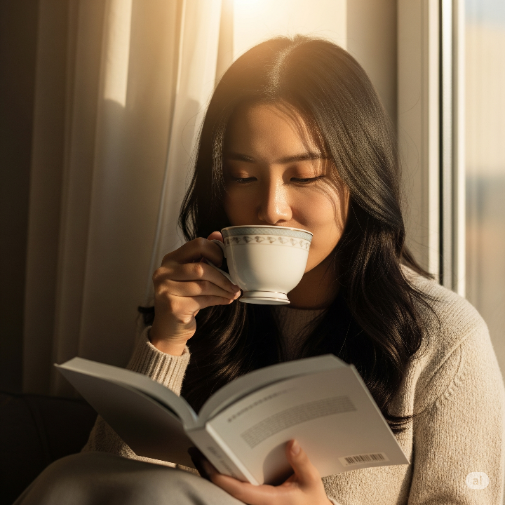 차와 함께 독서를 즐기는 한국인 여성