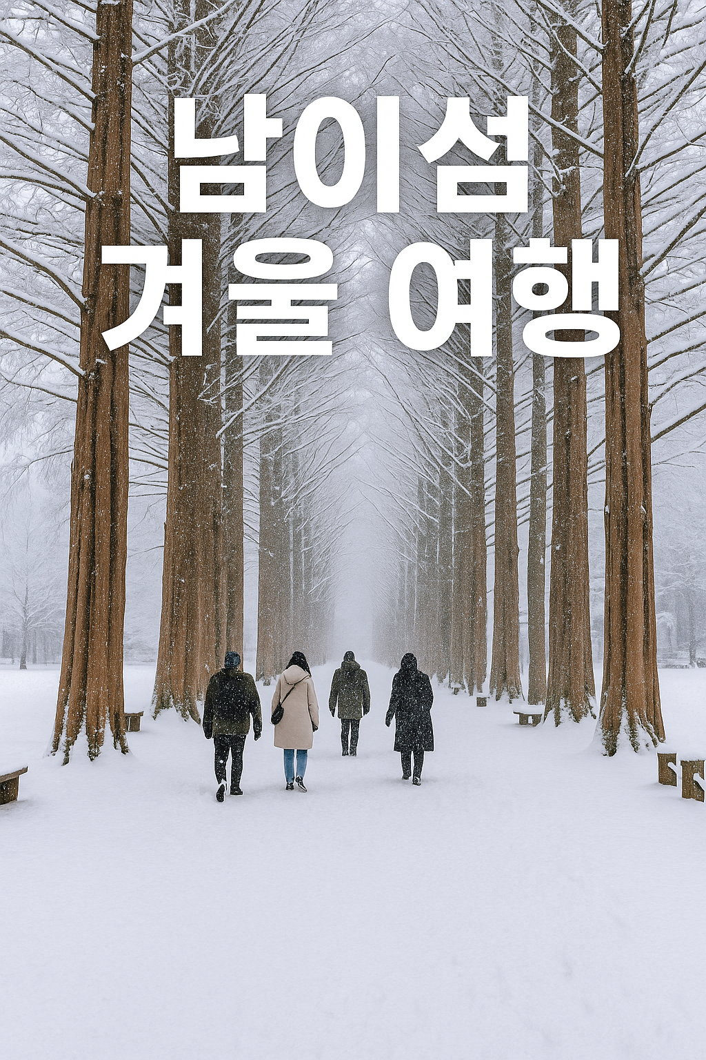 눈 내린 남이섬 메타세쿼이아길에서 겨울 산책을 즐기는 사람들의 모습. 남이섬 겨울 여행을 대표하는 풍경 사진입니다.