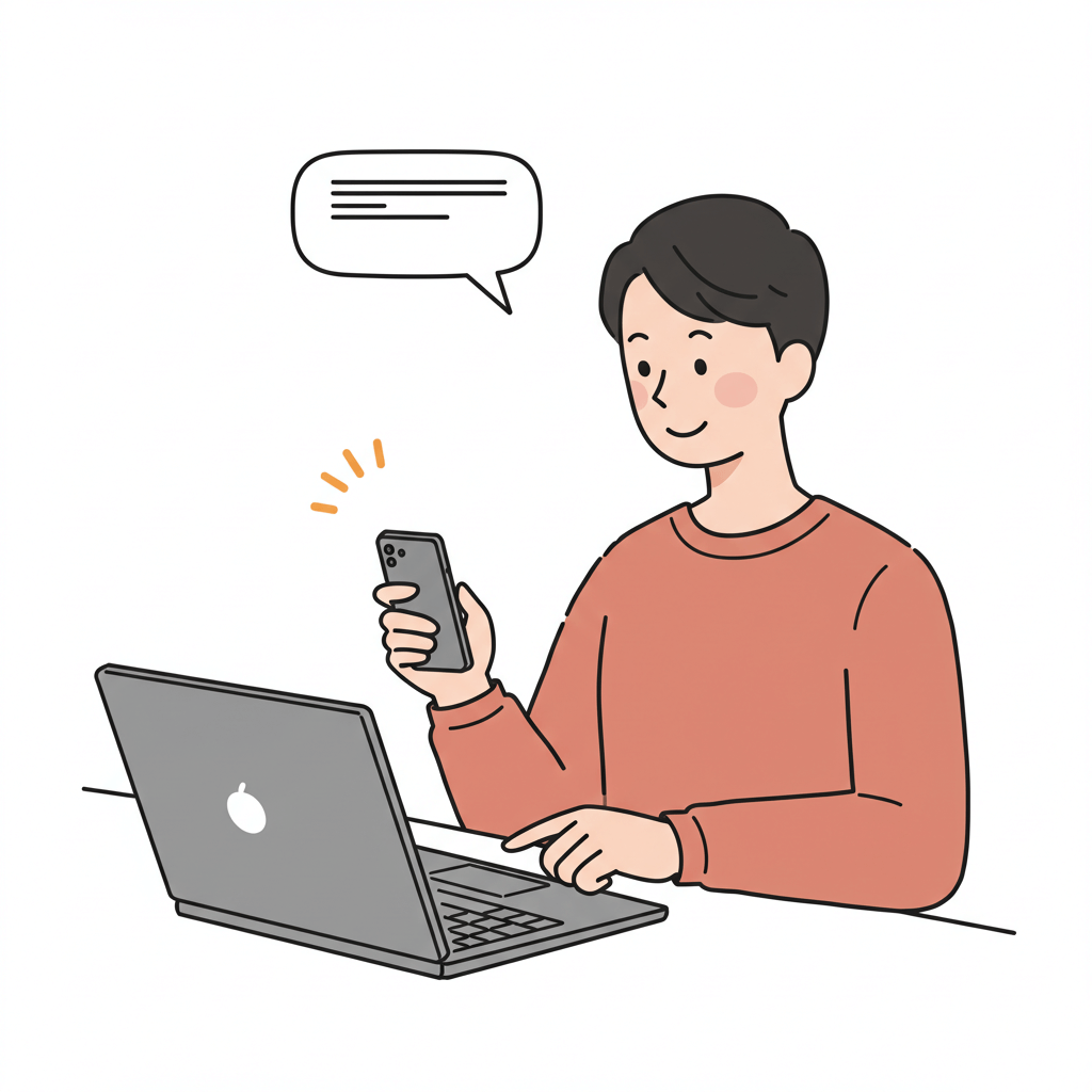 책상에서 노트북과 스마트폰으로 자녀장려금 신청을 진행하는 아버지