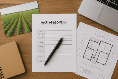나무 책상 위에 농지전용신청서, 건축 설계도면, 펜, 노트북, 노트, 그리고 밭 사진이 놓여 있는 장면.