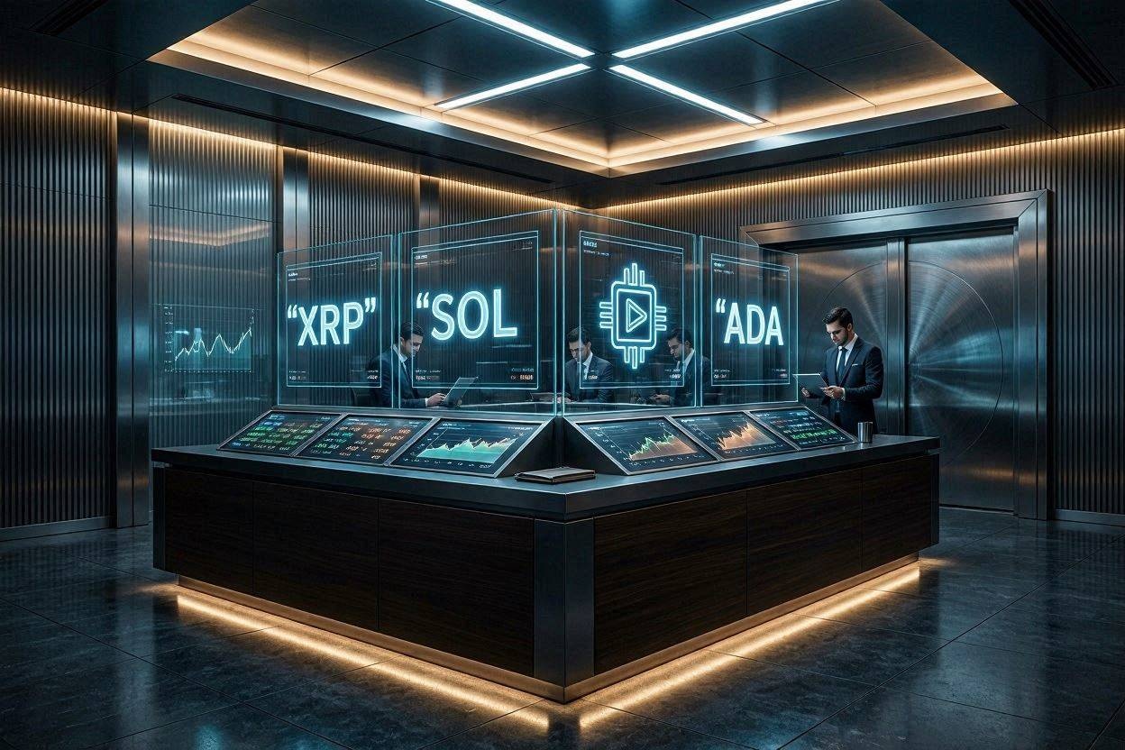 This is a financial vault room distinguished by cutting-edge technology and a modern sensibility. It features futuristic glass displays showing cryptocurrency symbols such as XRP, SOL, and ADA, along with cinematic lighting.
