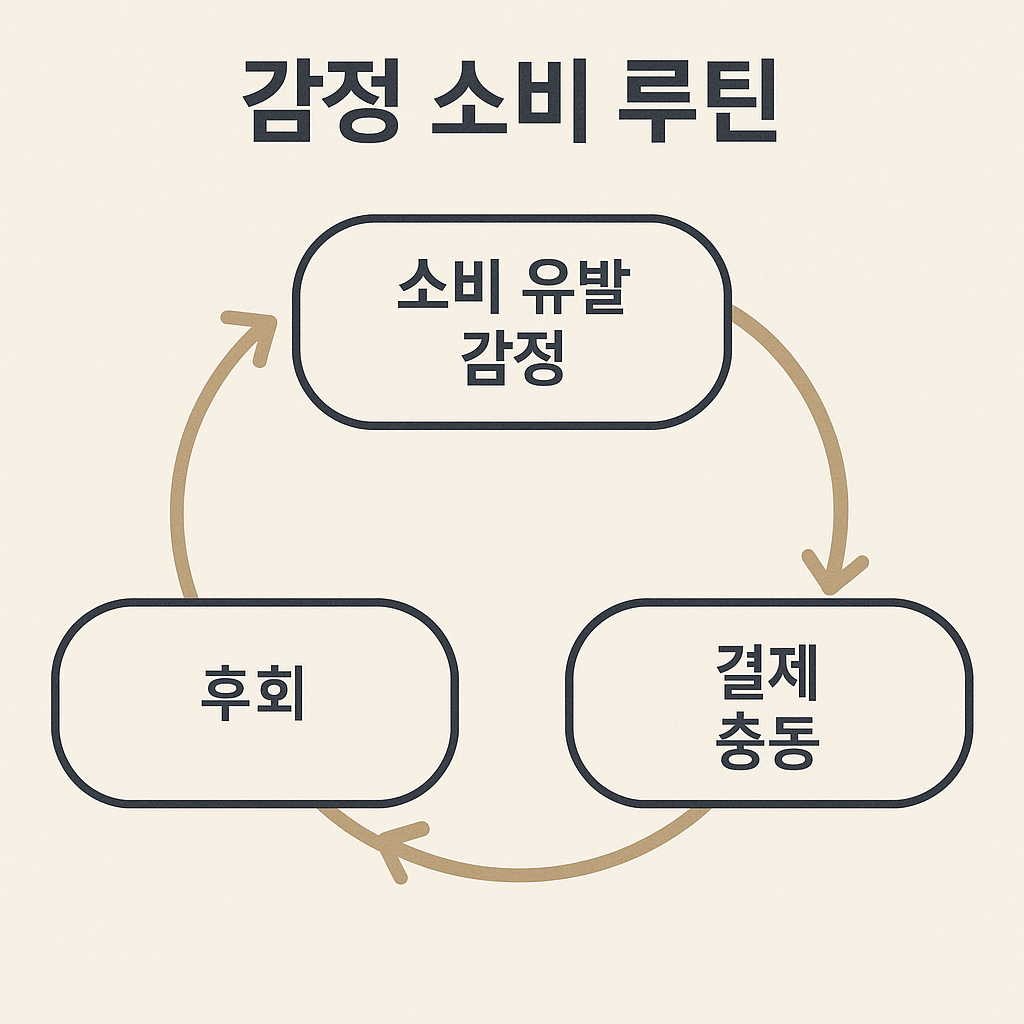 감정 소비 루틴의 순환 구조를 표현한 도식
소비 유발 감정, 결제 충동, 후회 반복 구조