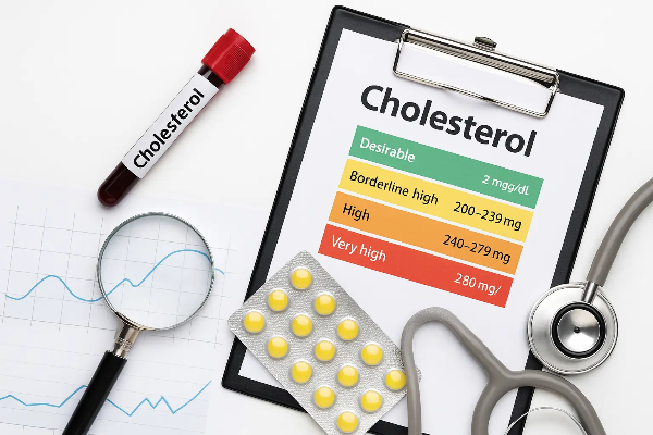 콜레스테롤 수치를 보여주는 차트, 혈액 샘플 튜브, 약, 청진기 등이 하얀 바탕에 정돈된 건강검진 도구 중심 이미지, 텍스트 없음
