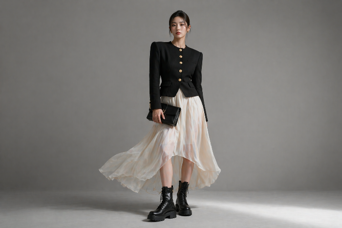 구조적인 재킷과 부드러운 스커트, 워커를 함께 매치한 대비 중심 봄 스타일
