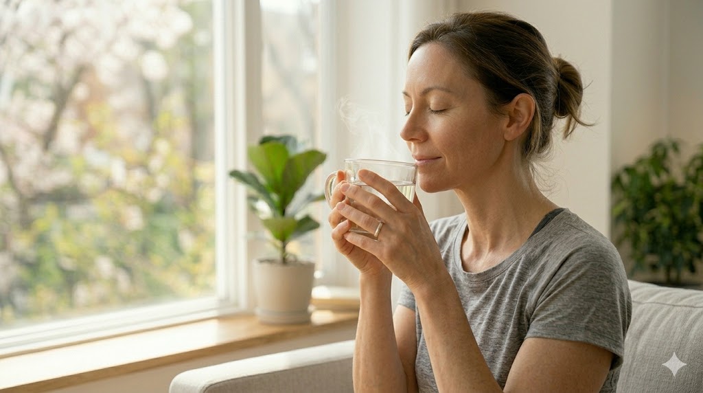 "업무 공간 옆 소파에 앉아 따뜻한 컵을 입가에 대고 부드러운 미소를 지으며 휴식을 취하는 인물의 모습. 안구건조증 예방을 위한 의식적인 깜빡임과 온열 휴식의 긍정적인 분위기를 전달하는 감성적인 라이프스타일 이미지."