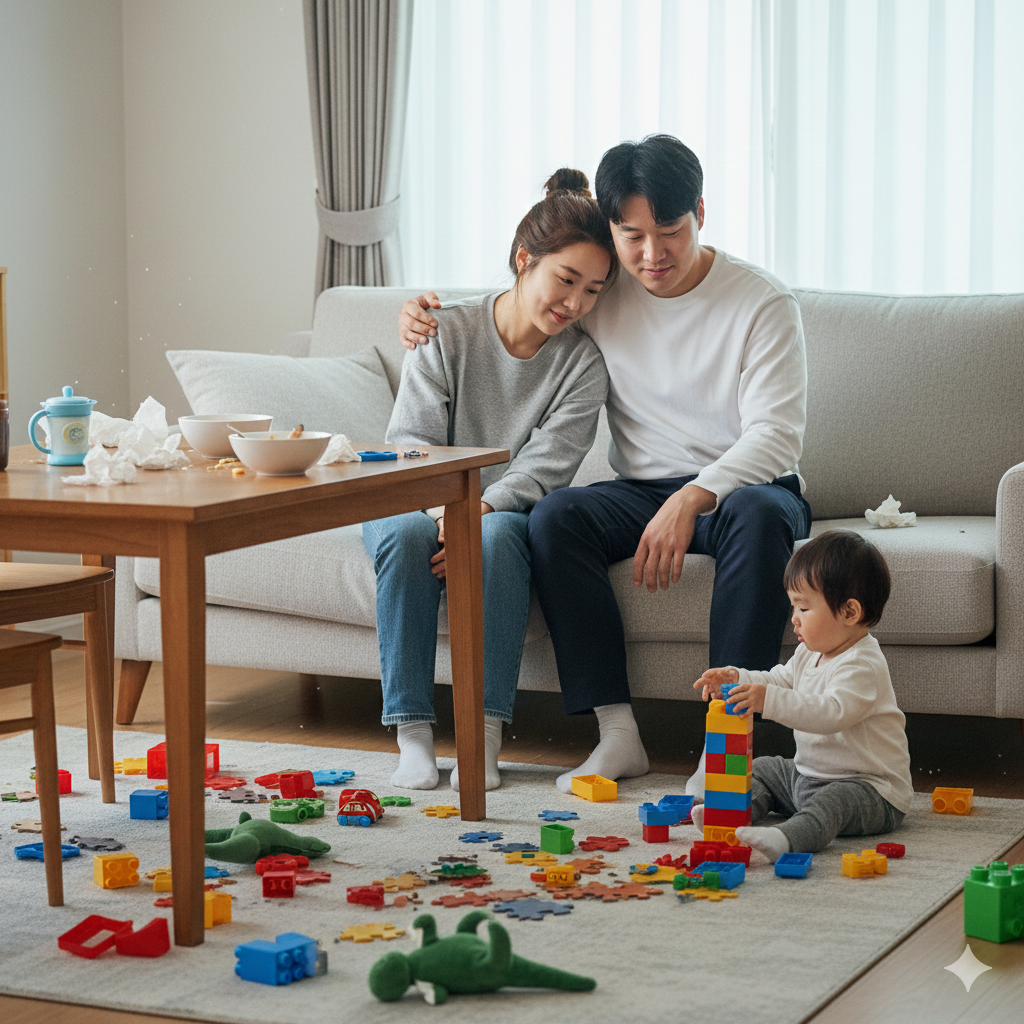 화려한 SNS 속 완벽한 육아 사진과 대조적으로, 어질러진 거실에서 지쳐 있는 부모의 현실적인 모습