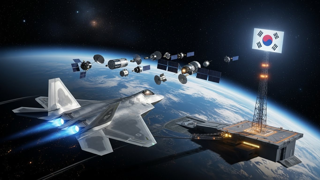 A state-of-the-art fighter jet flying through space, followed by a cluster of satellites. A launch pad with a glowing South Korean flag is visible on the Earth's surface.