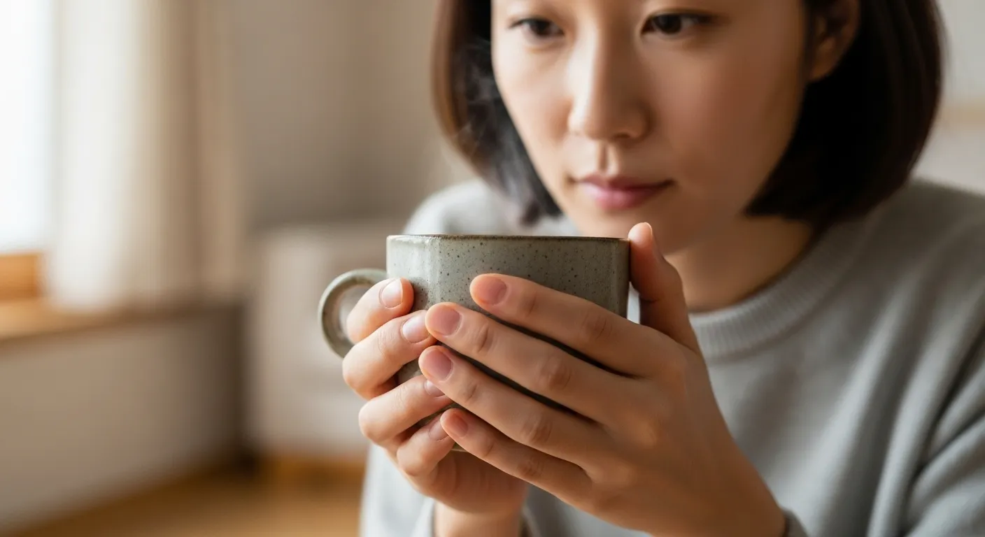 따뜻한 차 한 잔을 마시며 마음 챙김을 실천하는 한국 여성의 손.