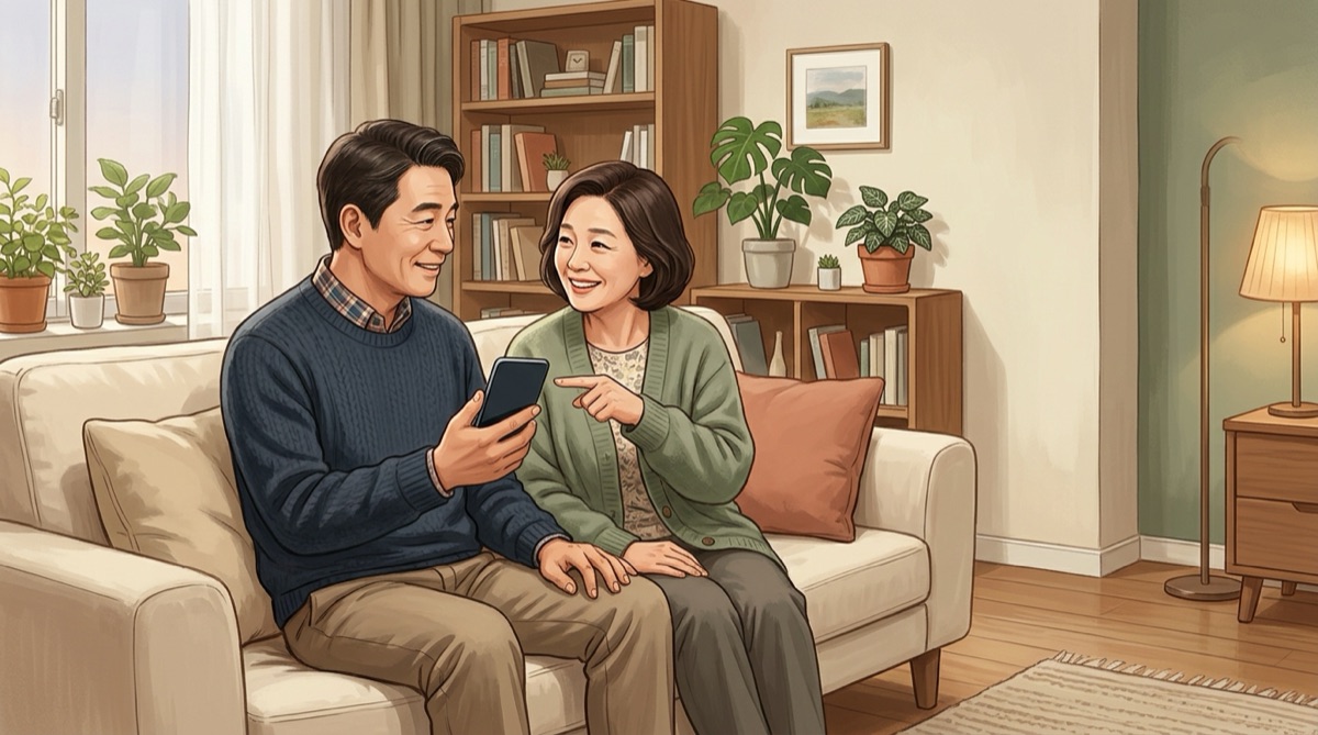 부부가 거실 소파에서 휴대폰으로 세금을 납부하는 모습