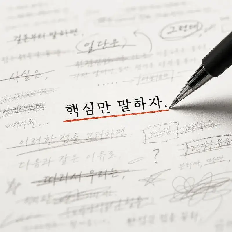 복잡한 문장들 사이에서 펜이 핵심을 담은 짧은 한 문장에만 밑줄을 긋는 모습을 통해 촌철살인의 의미를 표현한 이미지