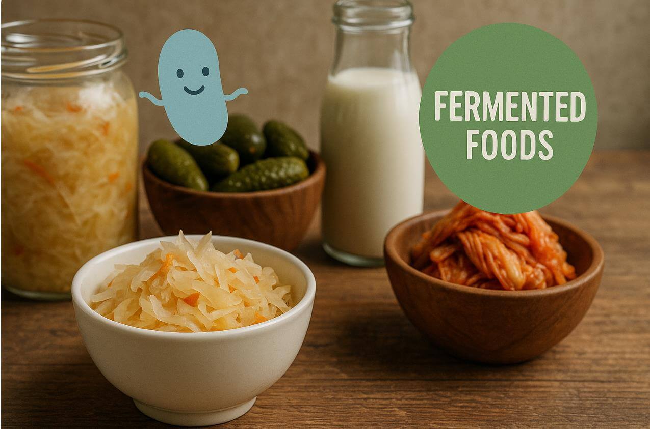 김치, 사워크라우트, 피클, 발효유 등 다양한 발효 식품.