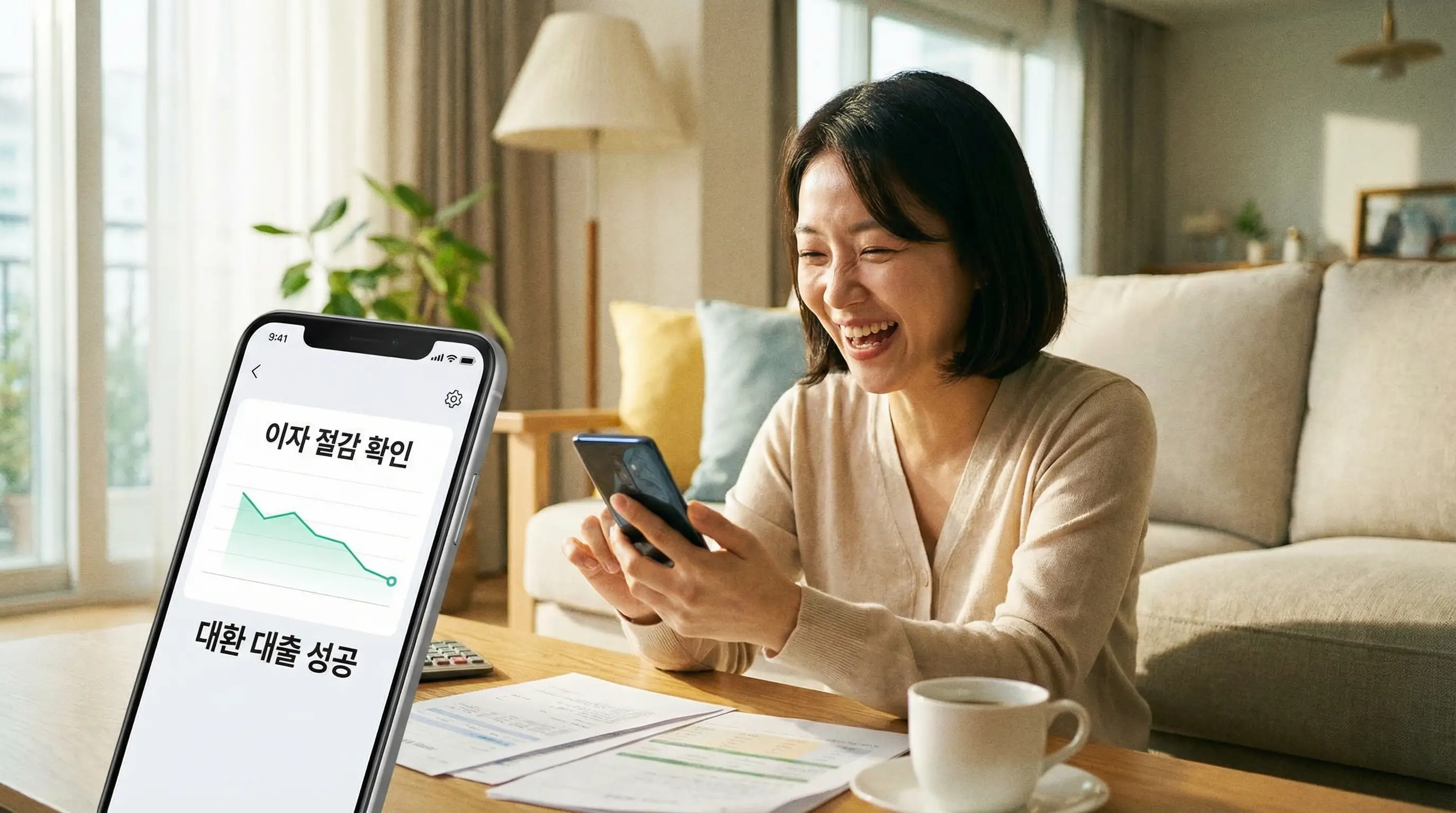 대환 대출 성공 후 줄어든 이자 납입 내역을 확인하며 밝게 웃는 긍정적인 모습