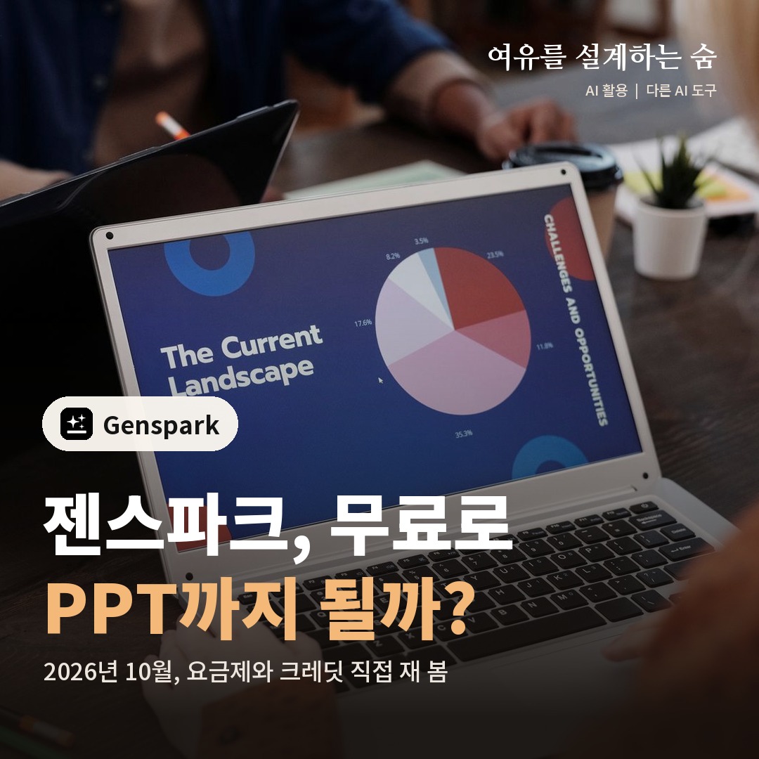 저녁 책상에서 노트북으로 발표 자료를 만드는 사진 위에 젠스파크 무료 요금제를 묻는 제목을 얹은 대표 이미지