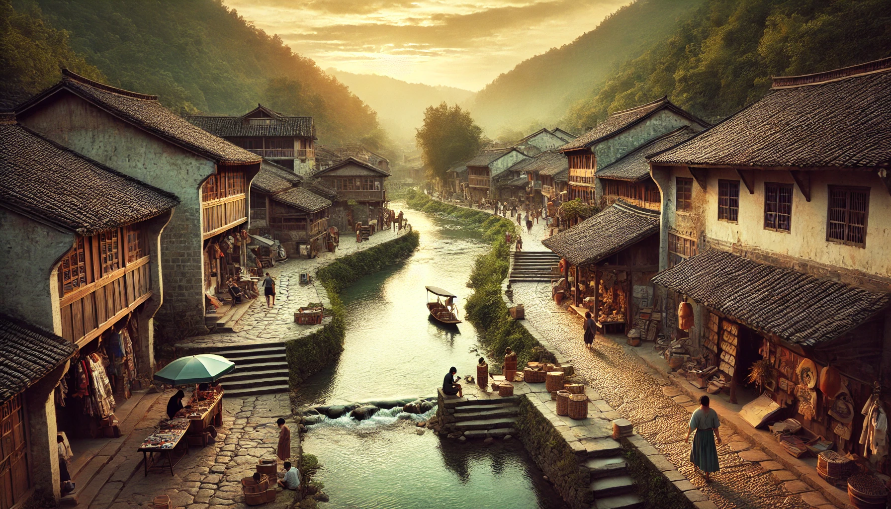 강을 사이에 두고 양쪽으로 집들이 있는 평화로운 마을 모습