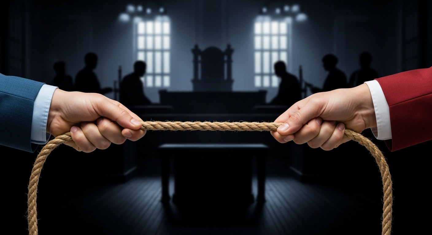 서로 다른 색깔의 두 손이 줄을 당기며 팽팽하게 대립하는 모습. 분열된 여론과 검찰 내부의 갈등을 상징하며, 불확실한 미래를 암시합니다.