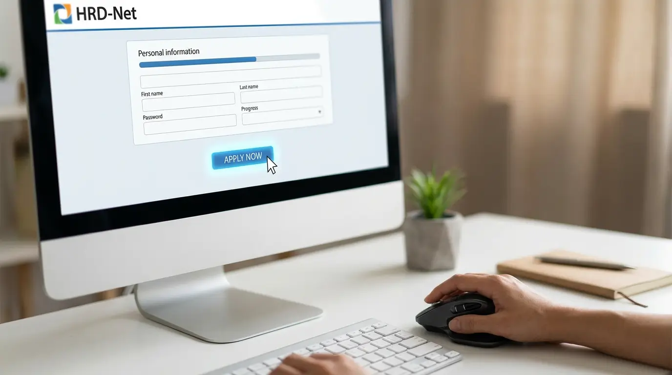 HRD-Net 홈페이지에서 마우스로 계좌 한도 추가 지원 버튼을 클릭하는 컴퓨터 화면 클로즈업