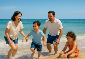 바닷가에서 물놀이를 하면서 즐거워하는 가족