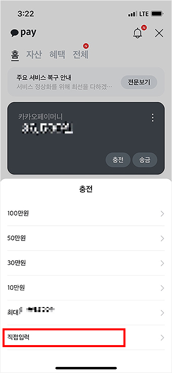 카카오-페이-충전-선택-및-직접-입력하기