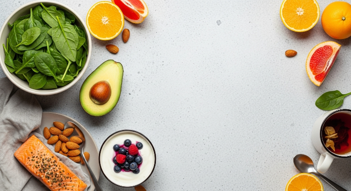 연어, 아보카도, 견과류, 시금치, 요거트 등 스트레스 완화에 좋은 건강식품이 따뜻하게 차려진 식탁.