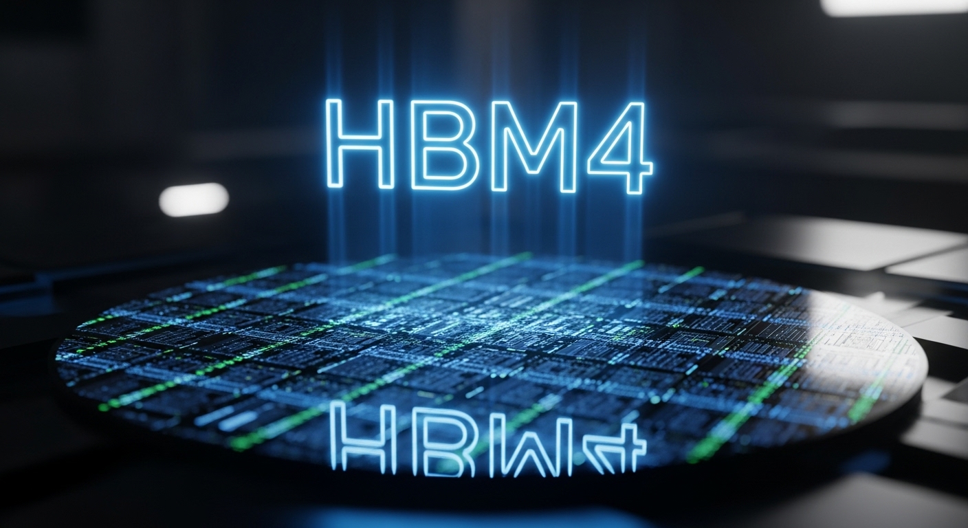 Futuristic image of glowing complex circuits on a semiconductor wafer, with 'HBM4' text floating like a hologram.