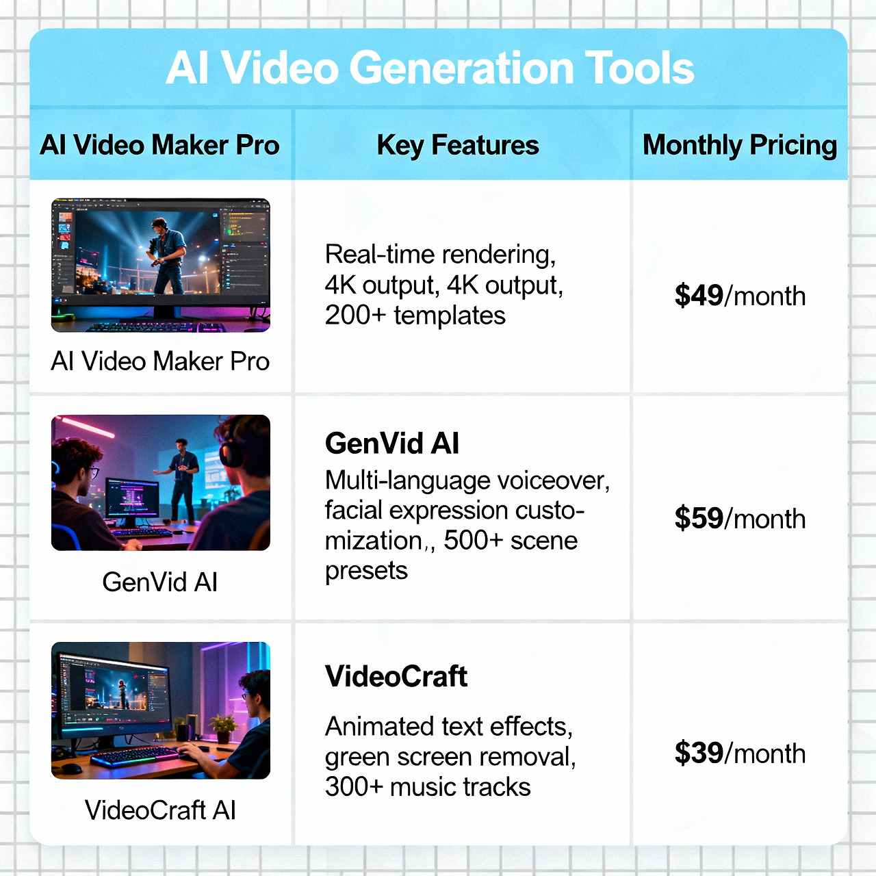 AI 비디오 생성 도구들의 기능 및 가격 비교 차트