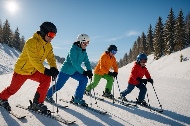 스키를 타기 위해 준비운동을하는 스키어들