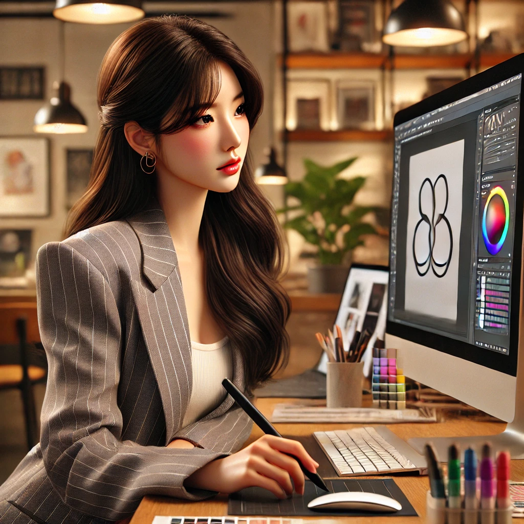 여성,, 컴퓨터, 로고 디자인 작업 이미지 사진