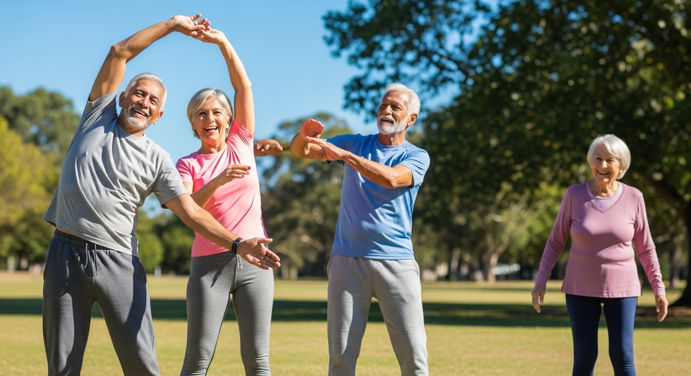 공원에서 밝게 웃으며 가벼운 스트레칭과 운동을 하는 여러 명의 시니어. 활동적이고 즐거운 분위기.