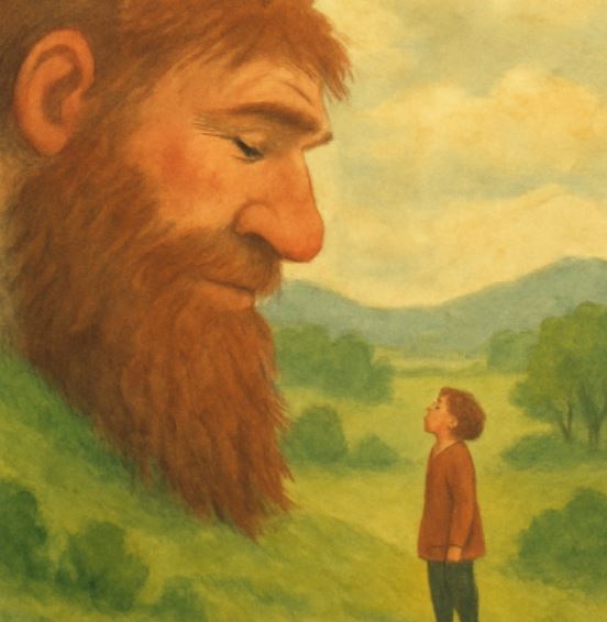 왼쪽에는 커다란 붉은 수염의 거인이 잔잔한 미소를 머금고 서 있고, 오른쪽에는 그를 올려다보는 한 소년이 작게 서 있는 장면