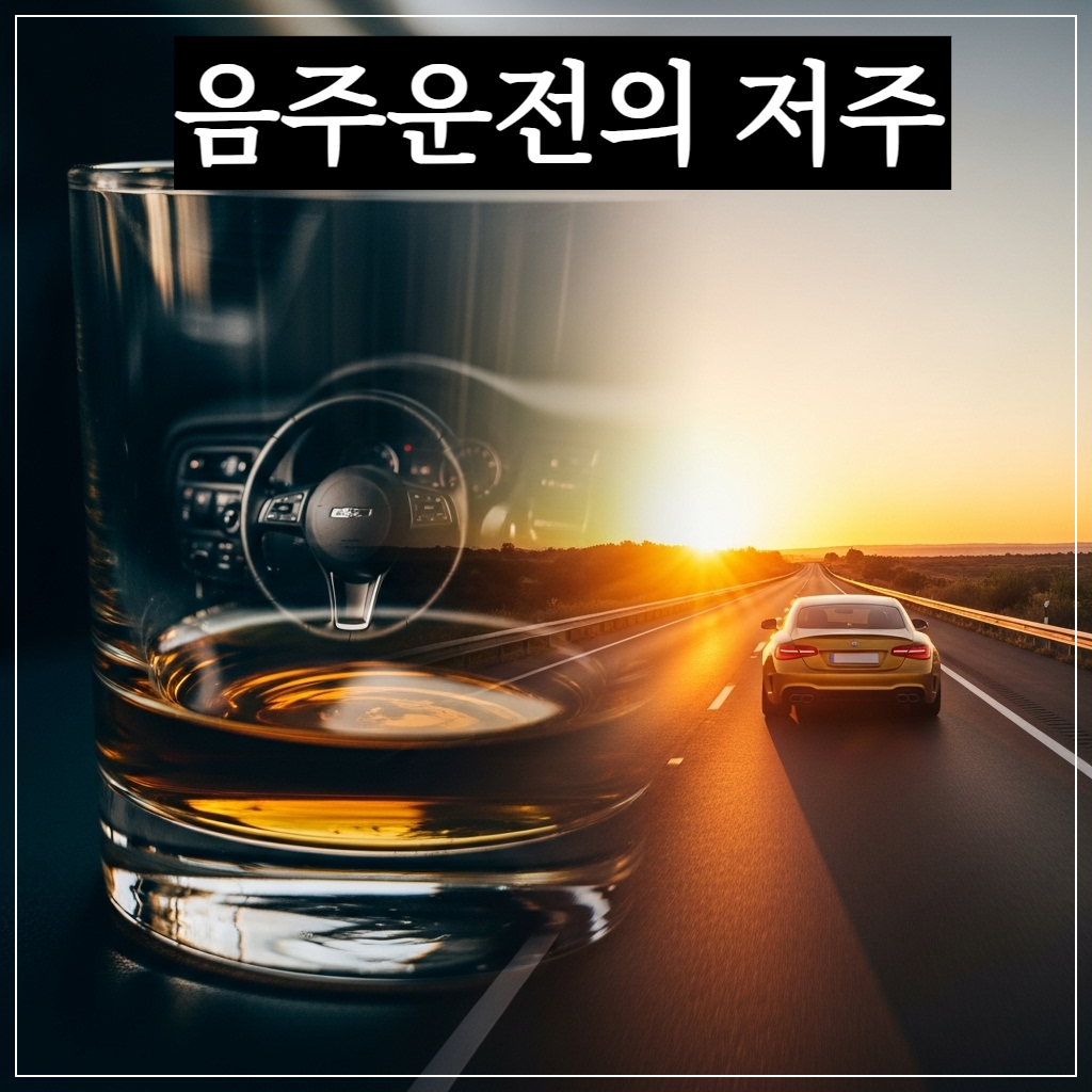 어두운 밤, 화려한 술잔 뒤로 일그러진 자동차 핸들의 그림자가 드리워진 모습과 대비되는, 밝은 햇살 아래 황금빛 도로를 달리는 깨끗한 자동차의 환상적인 이중 노출 효과 이미지. 안전과 위험의 경계를 예술적으로 표현한 고화질 사진