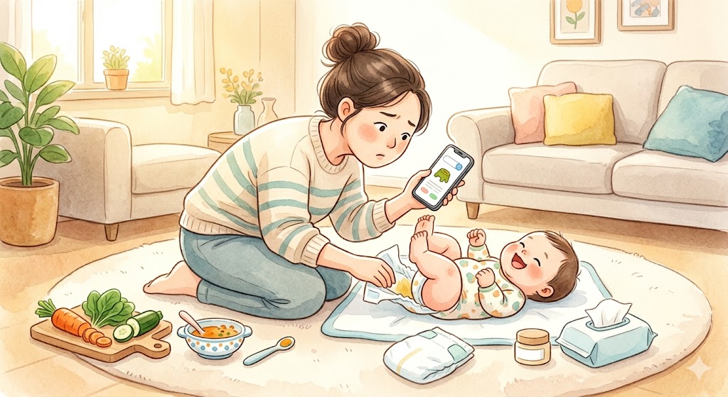 A curious mother checking her baby's diaper during a diaper change while holding a smartphone to look up information, with the baby happily kicking nearby and weaning foods visible in the background.