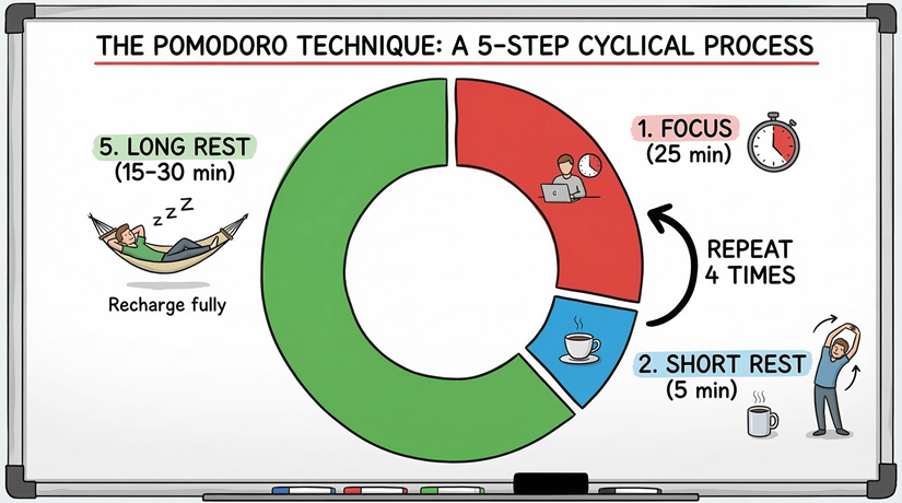 포모도로 5단계 프로세스(25분 집중 - 5분 휴식 - 4회 반복 - 장기 휴식)를 요약한 다이어그램.