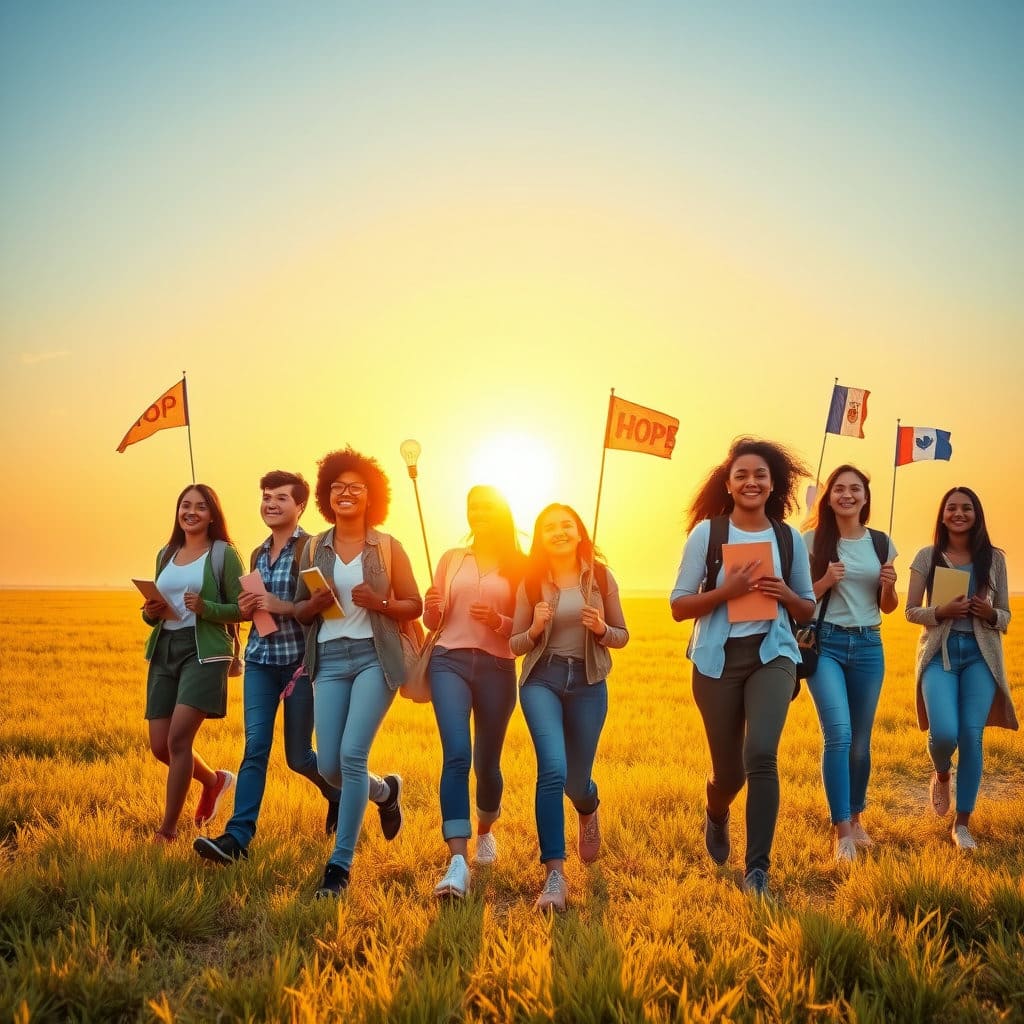 밝고 희망찬 배경(예: 넓은 들판, 떠오르는 태양, 밝은 도심 풍경) 아래 학생들이 자신감 있고 밝은 표정으로 앞을 향해 나아가는 모습입니다. 몇몇 학생은 손에 작은 깃발(특정 국가나 정당과 무관한 디자인)이나 책, 또는 희망을 상징하는 물체를 들고 있을 수 있습니다. 미래 사회의 주역으로서 민주주의에 적극적으로 참여하고 기여할 잠재력을 가진 청소년들의 모습을 표현합니다. 밝고 긍정적인 색채와 구도를 사용합니다.