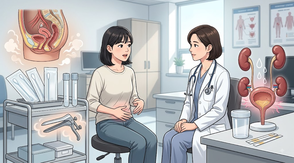 질 분비물 증상과 배뇨통&middot;빈뇨 증상별 진료 및 검사 도구 차이 비교 일러스트