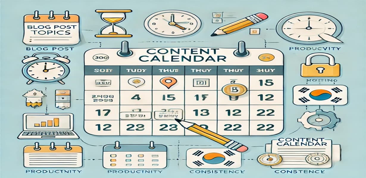 블로그 콘텐츠 캘린더 인포그래픽 – 주간 포스팅 계획, 글쓰기 루틴, 생산성 시스템 시각화