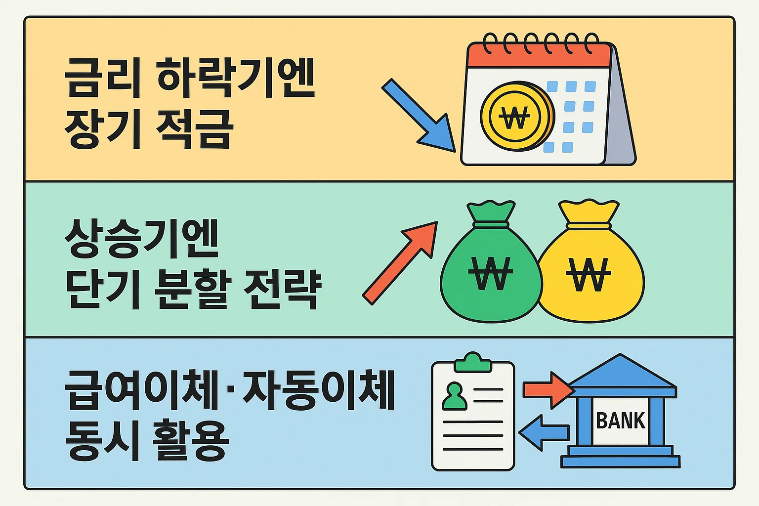 금리 상승기와 하락기에 따라 적합한 적금 전략, 급여이체·자동이체 병행 활용 등 실질 수익률을 높이는 가입전략을 정리한 인포그래픽