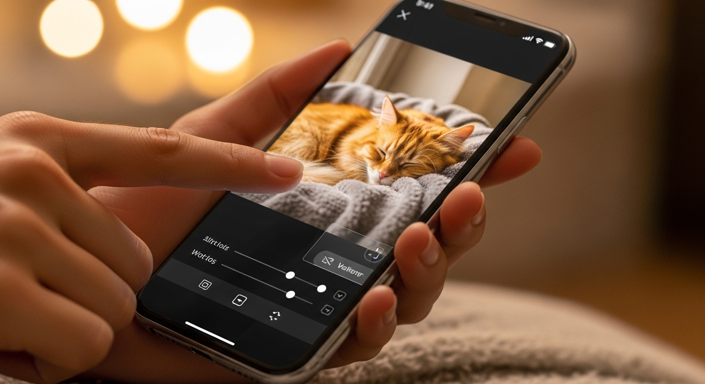 스마트폰으로 고양이 사진을 보정하는 사람의 손. 화면에는 따뜻한 색감으로 편집된 고양이 사진이 보이며, 뒤편에는 편안하게 잠든 고양이가 흐릿하게 배경을 이룬다.