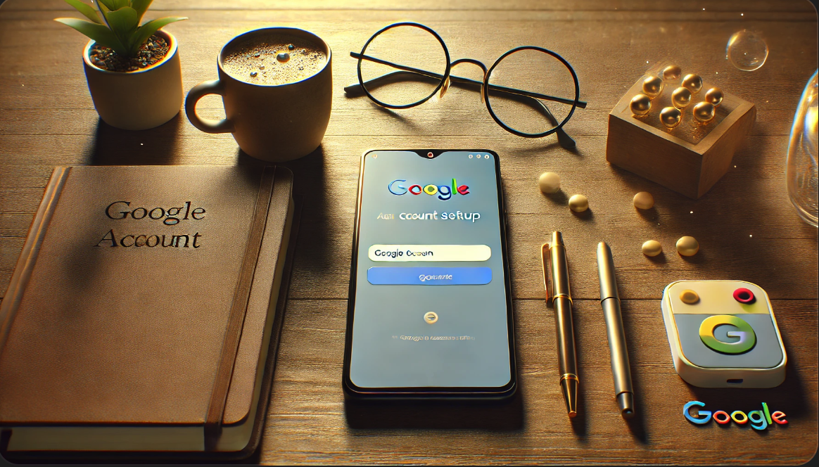 목재 테이블 위의 모바일 폰, 구글 계정 설정 화면