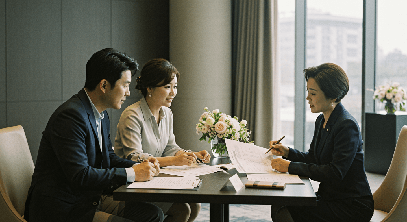 예비부부가 웨딩 플래너와 예산을 상의하는 장면 2