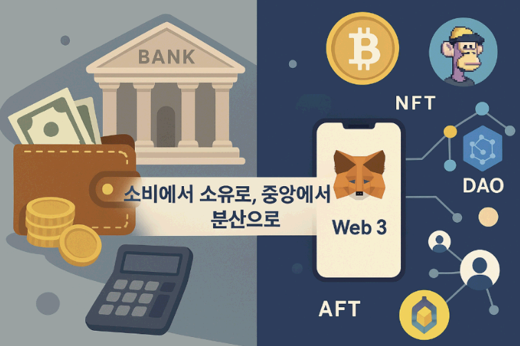 ‘소비에서 소유로, 중앙에서 분산으로’라는 문구가 포함된 웹배너 이미지. 이 이미지는 Web 2.0의 중앙집중형 금융 시스템(은행, 현금, 계산기 등)과 Web 3.0의 분산형 생태계(메타마스크 지갑, 비트코인, NFT, DAO 등)를 좌우로 대비시켜 시각적으로 설명하며, 블로그의 Web 3.0 패러다임 전환 주제를 효과적으로 표현함 (web3 centralized vs decentralized).