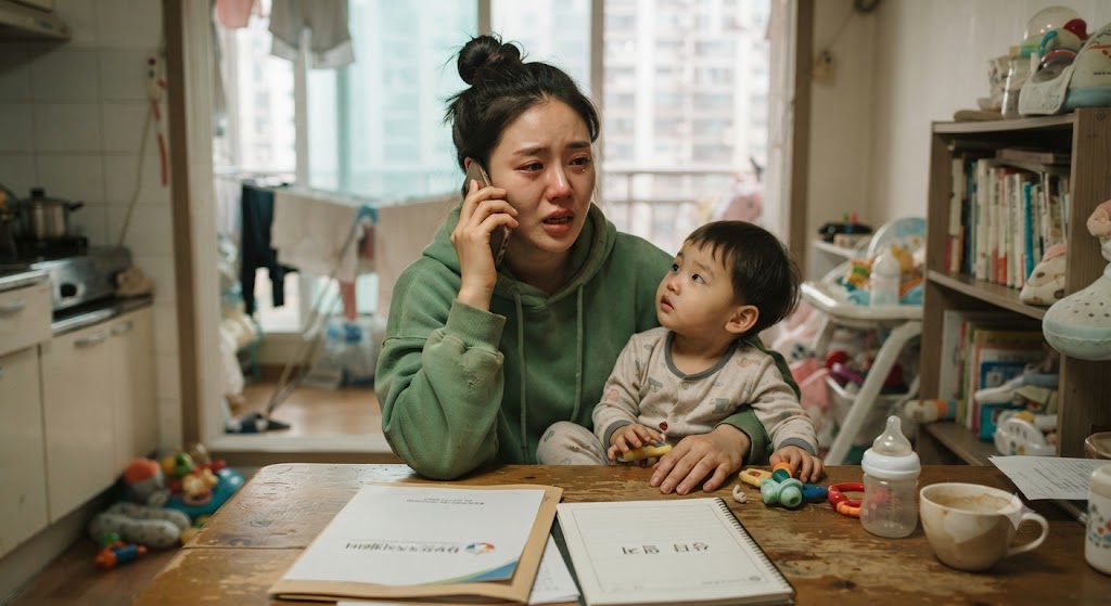 홀로 아이를 양육하기 버거운 미혼모가 가족전용상담전화하는 모습