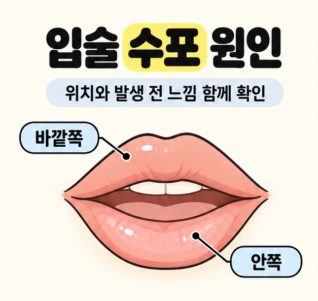 입술 수포 원인 제목 아래 위치와 발생 전 느낌을 함께 확인하라는 설명과 바깥쪽 및 안쪽 레이블을 연결한 입술 그림