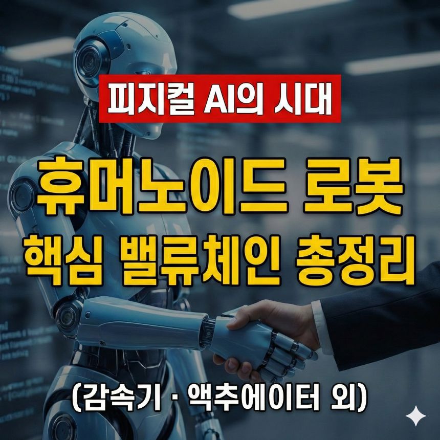 휴머노이드 로봇과 정장을 입은 사람이 손을 맞잡고 악수하는 모습. 썸네일 텍스트: 피지컬 AI의 시대, 휴머노이드 로봇 핵심 밸류체인 총정리 (감속기, 액추에이터 관련주 포함).