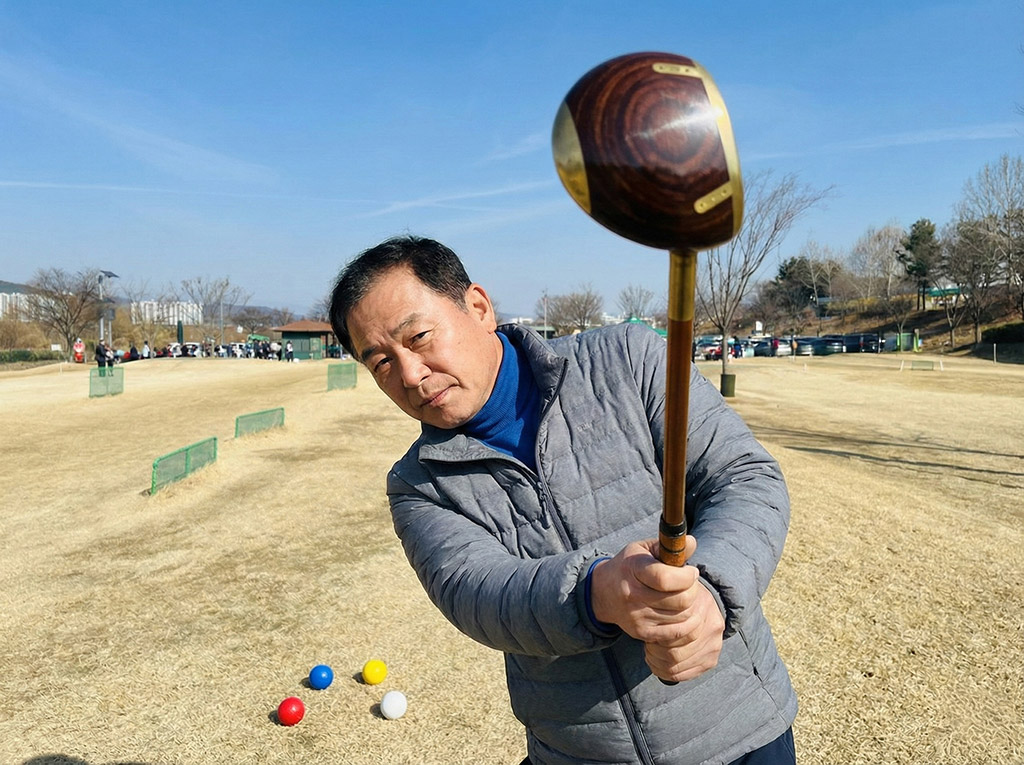 파크골프채를 들고있는 중년 남성