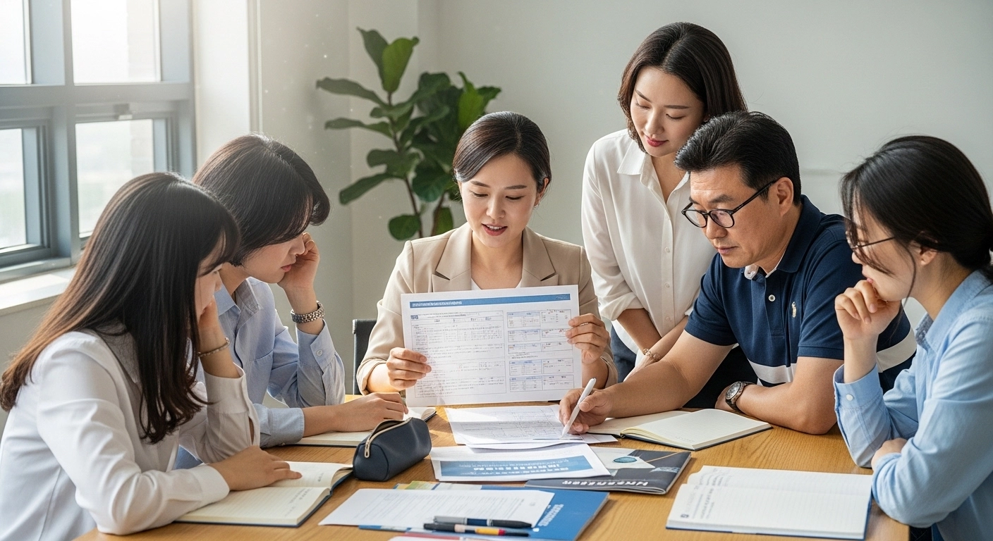고등학생과 부모가 대학 입시요강을 보며 선생님과 상담하는 장면