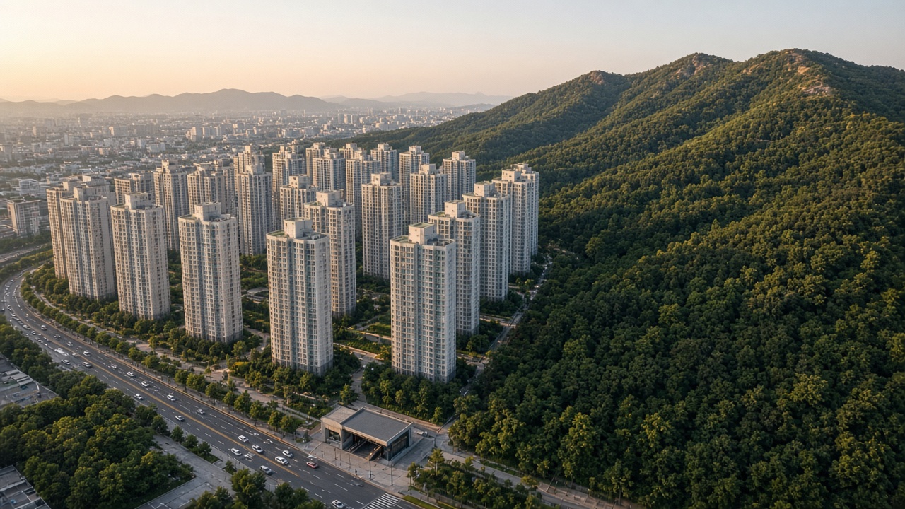 숲이 우거진 산 옆에 고층 아파트 단지와 지하철역 출입구가 보이는 도시 항공 풍경