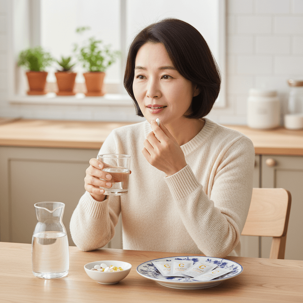 물과 함께 비타민 C를 소량 나누어 복용하는 모습을 보여주는 이미지, 컵과 작은 캡슐/정제가 포함됨.